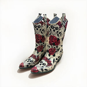 Nomad Womens 7 Rain Boots Skull Skeleton Rose Snip Toe Cowboy Western EUC $128 H
